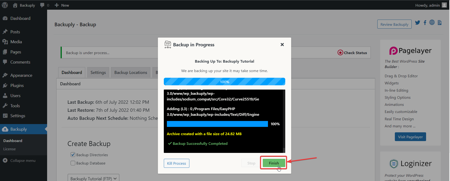 Backup Progress Popup