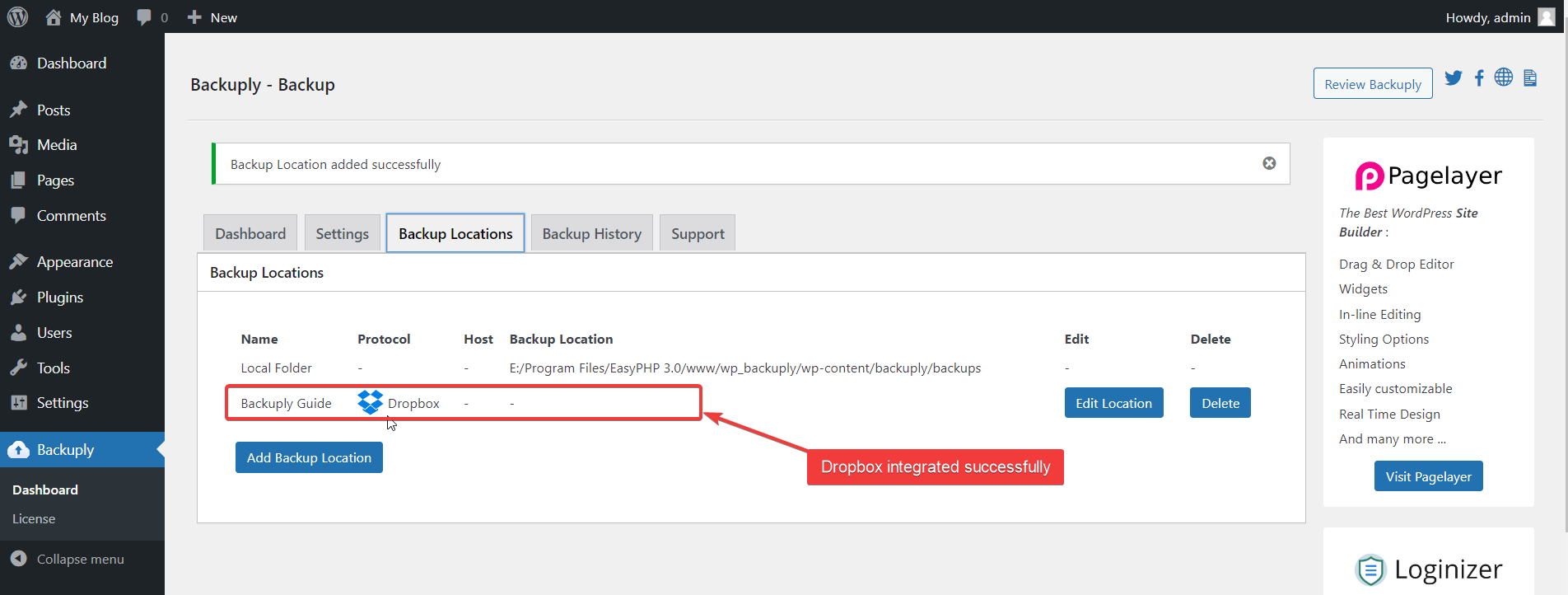 Dropbox integrated on Backuply