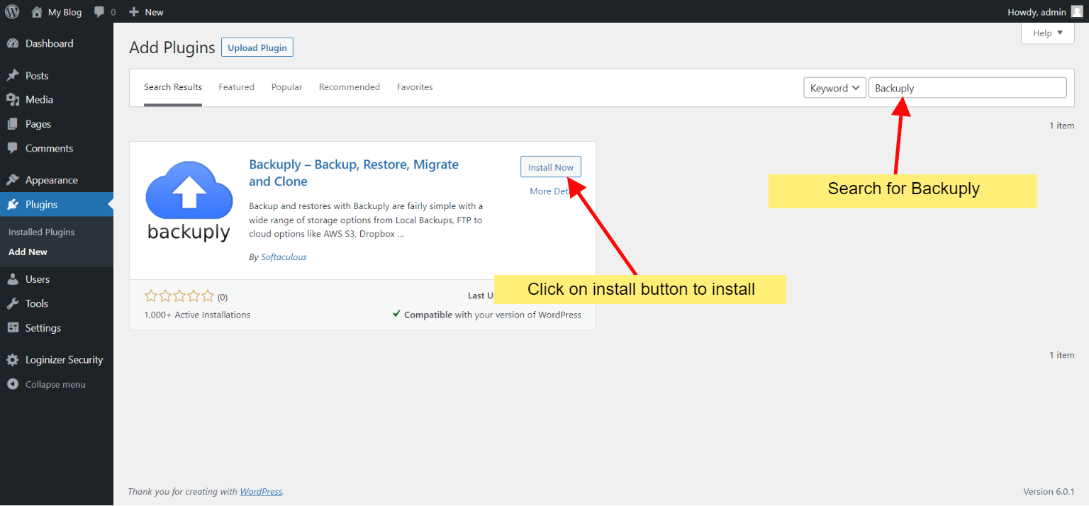Backuply install on WordPress