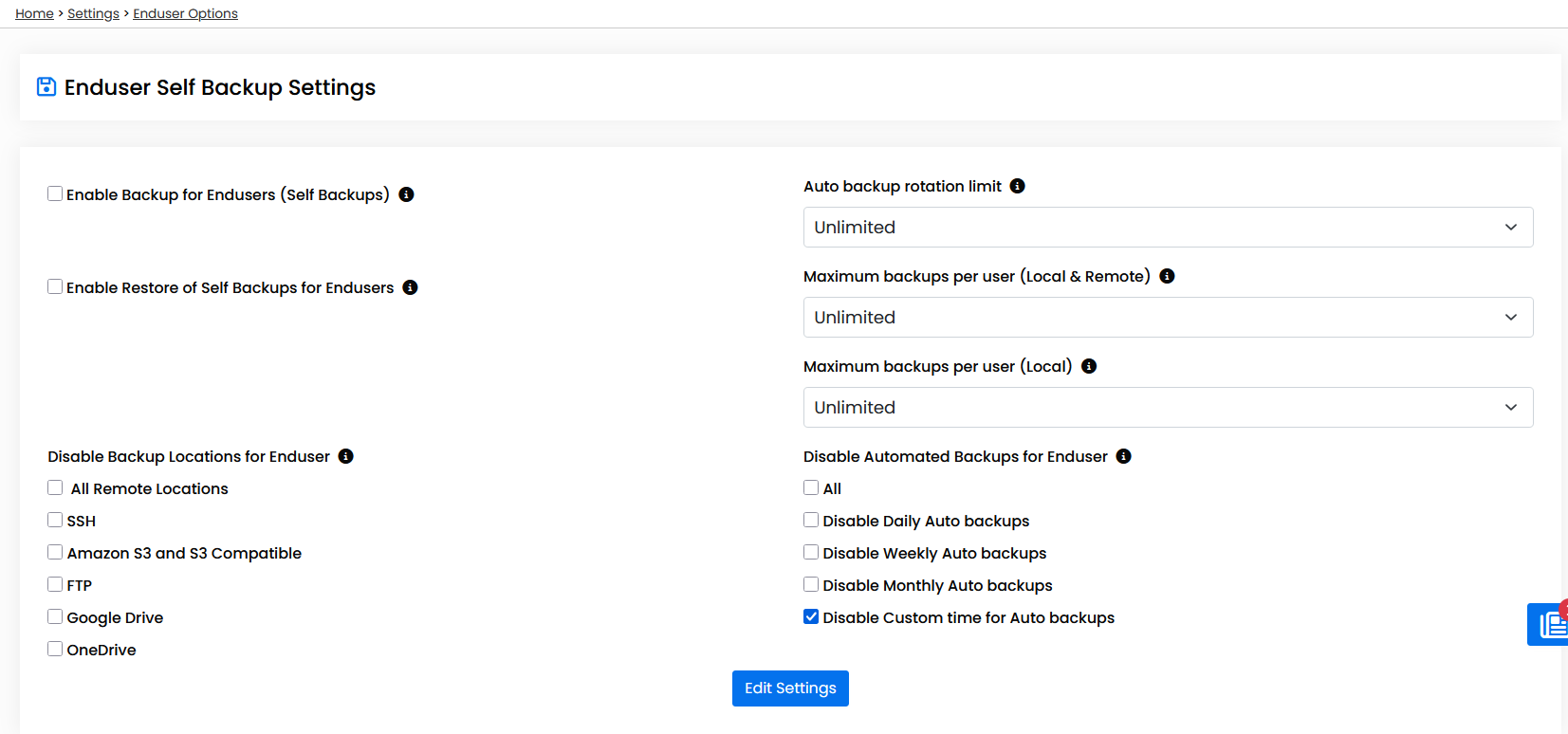 Backuply settings, limits