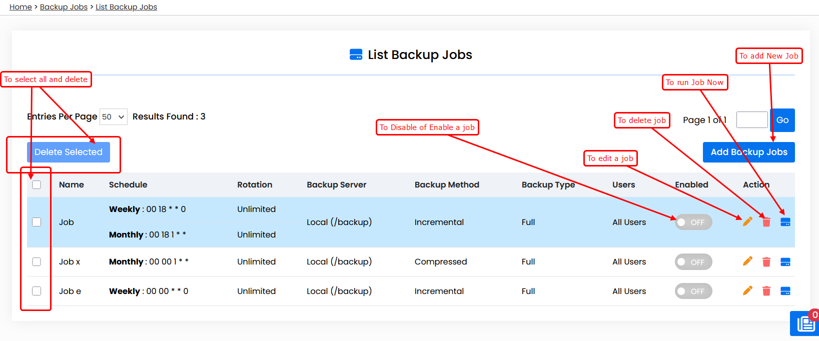 Backuply List Backup jobs