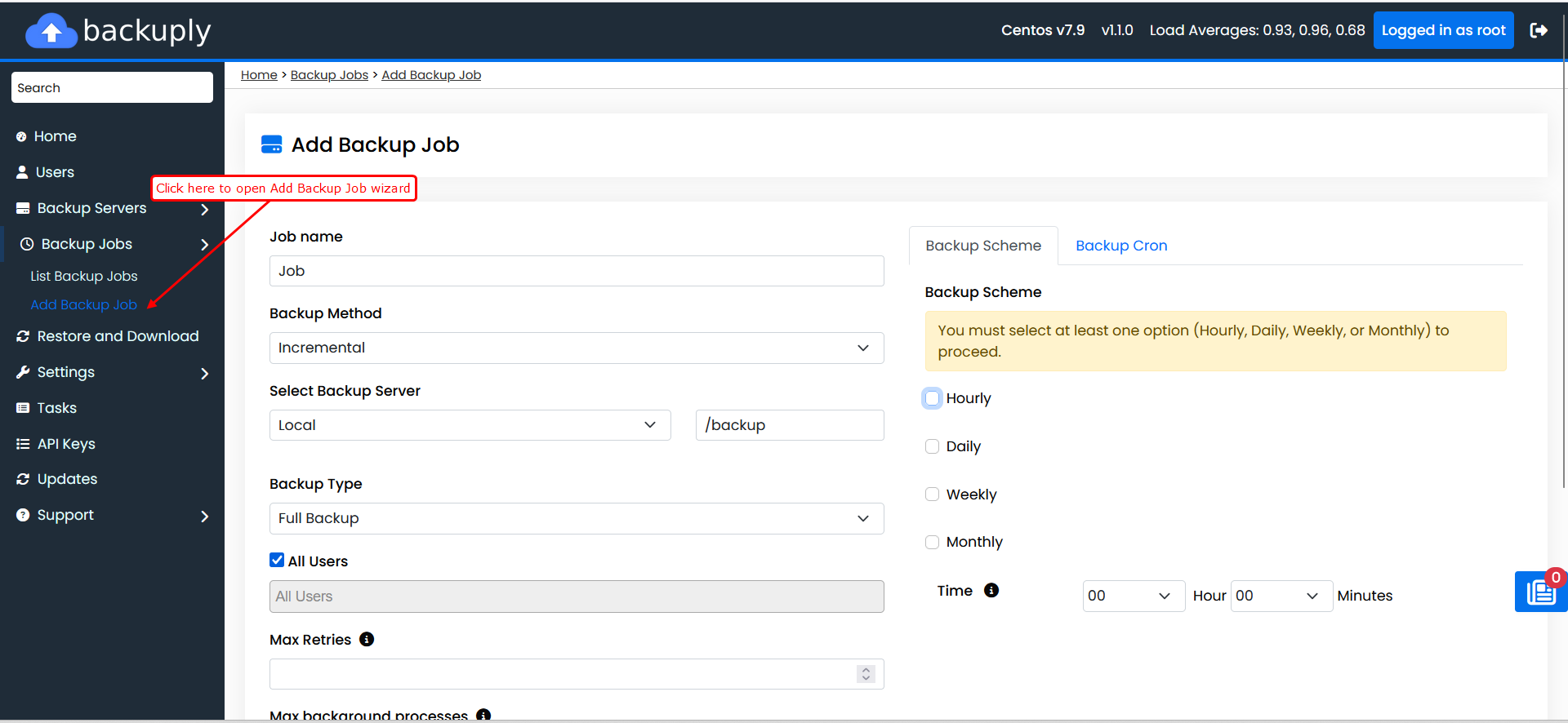 Backuply add backup job
